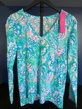 Lilly Pulitzer Aqua Multi Floral V-Neck Long Sleeve Top